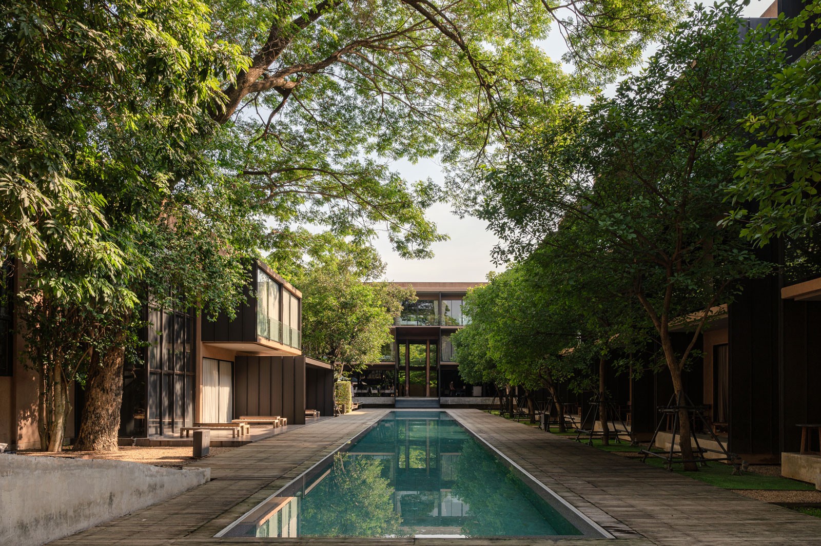 Sustainable eco-friendly resort design surrounded by trees, representing luxury hospitality development trends.