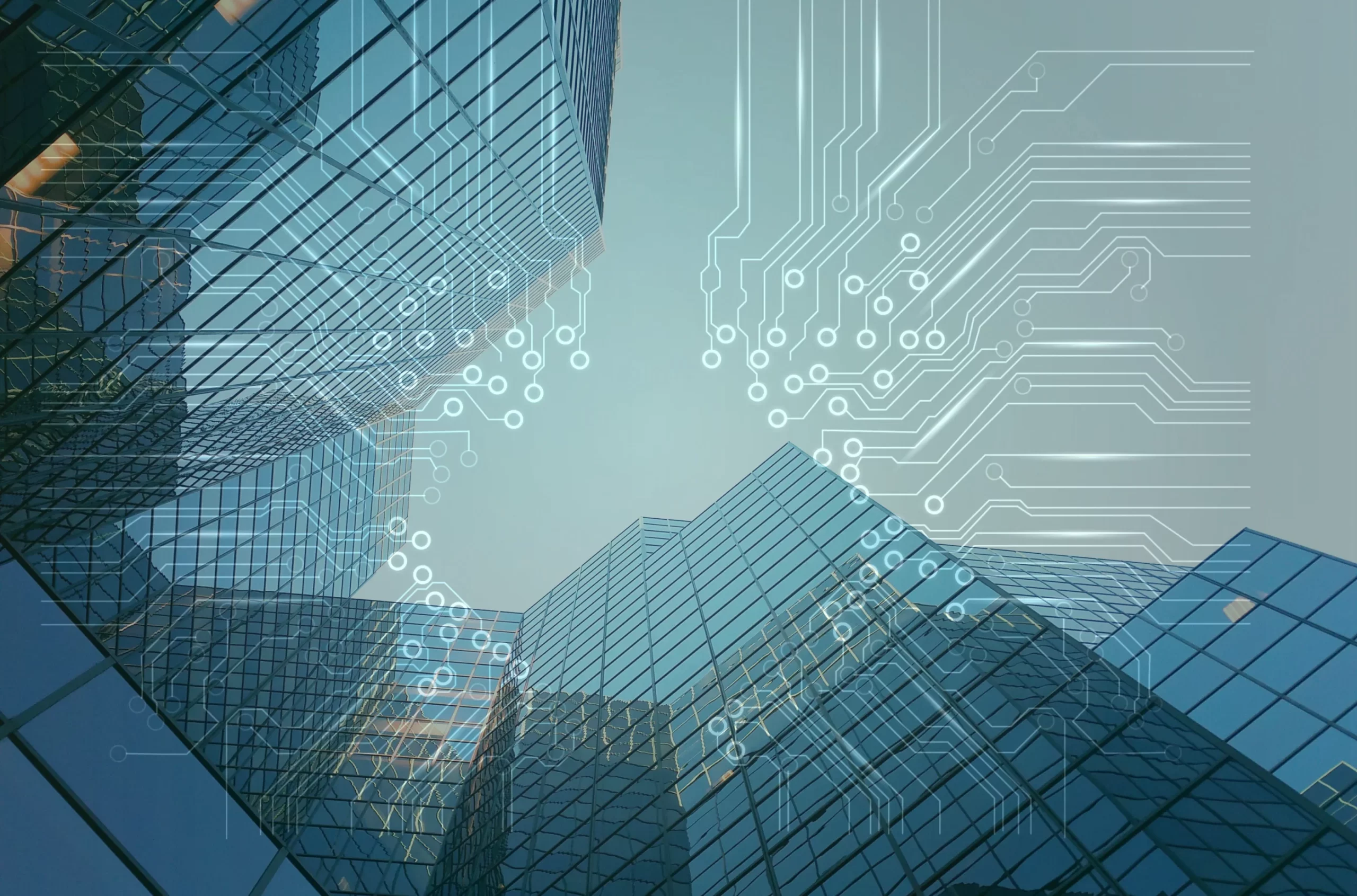 Futuristic glass buildings with digital circuit overlays representing construction Technology innovations.