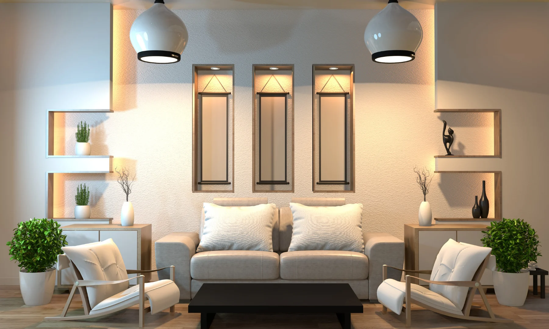 Modern luxury living room showcasing hotel lighting design with warm ambient light and sculptural wall niches.