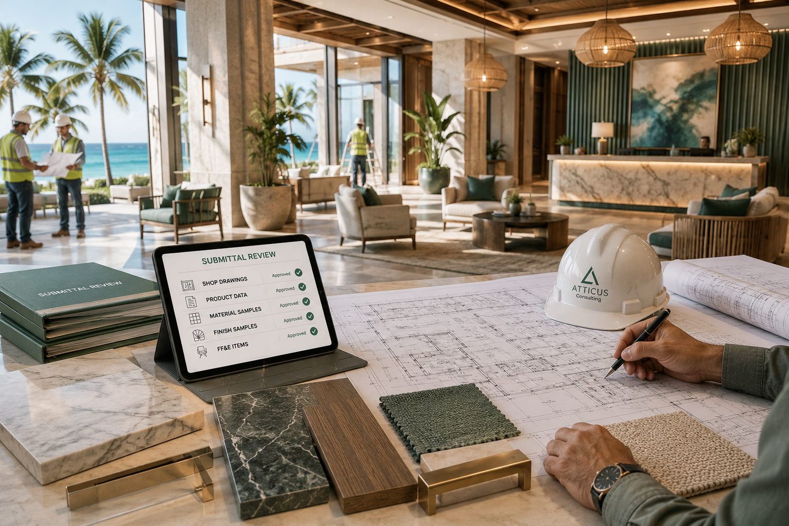 Construction Submittals for luxury hospitality projects showing FF&E procurement planning, construction document management, and project coordination in Caribbean hotel developments
